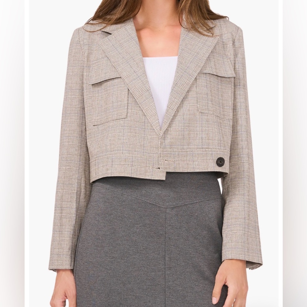 Halogen Women's Cropped Light Gray Checkered Blazer